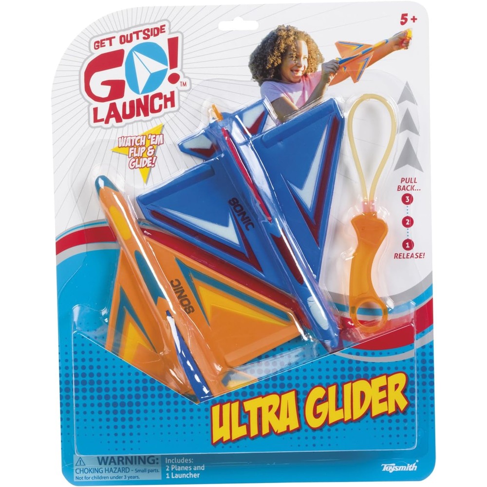 Toysmith Ultra Glider Stunt Flyer front view of two foam planes and launcher packaging.