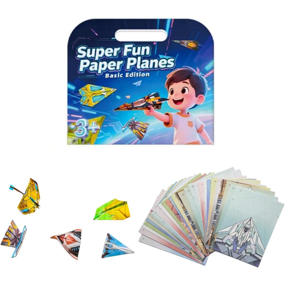 JUJOYYS 3 Difficulty Level Paper Airplane Kit front view showcasing the colorful packaging and included origami designs.