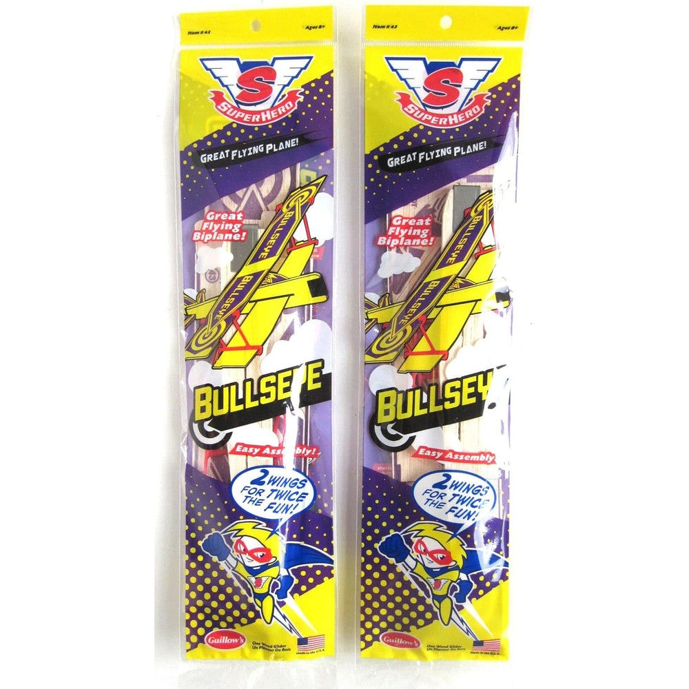 Big Game Toys Guillows Biplane Bullseye Balsa Wood Airplane Glider twin pack packaging front view showing vintage military graphics.