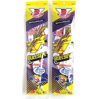 Big Game Toys Guillows Biplane Bullseye Balsa Wood Airplane Glider twin pack packaging front view showing vintage military graphics.