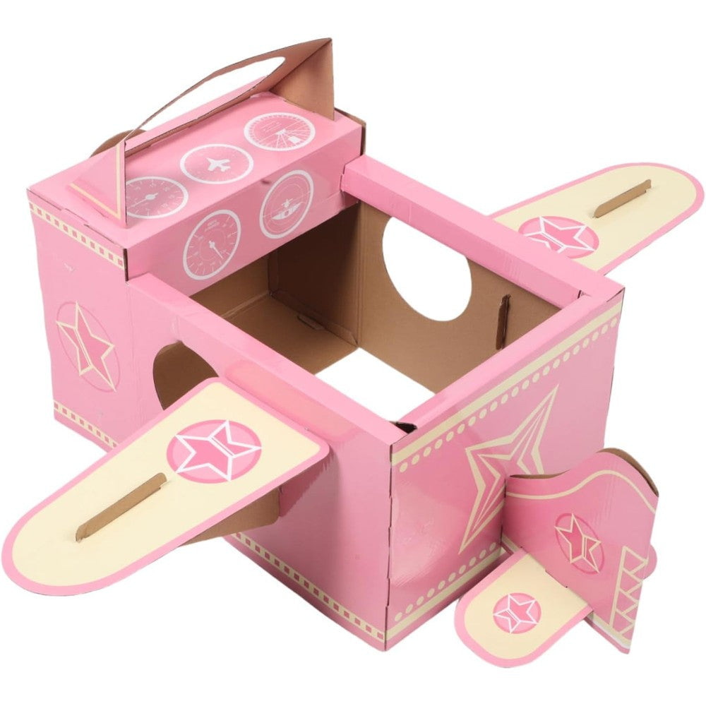 FELTECHELECTR wearable cardboard airplane costume front view showing the pink fuselage and rotating propeller fan.
