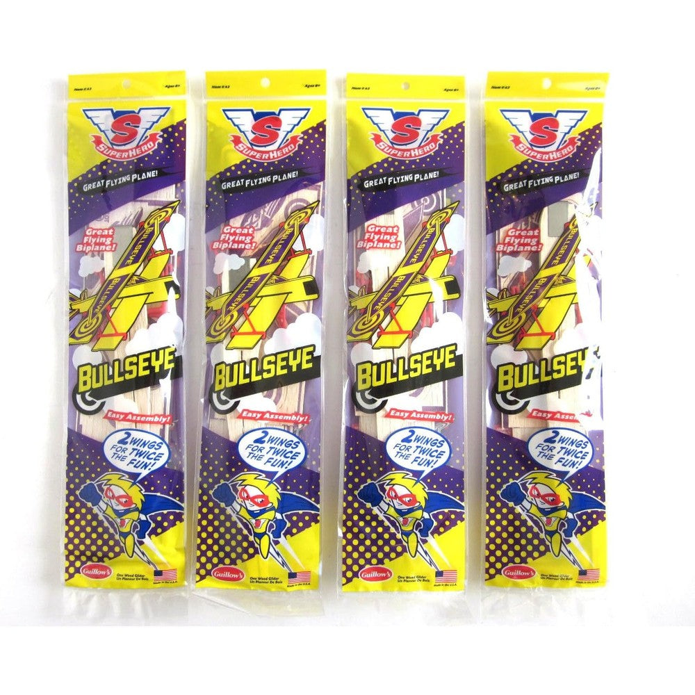 Big Game Toys Guillows Bullseye balsa wood biplane model airplane glider front view vintage flying toy
