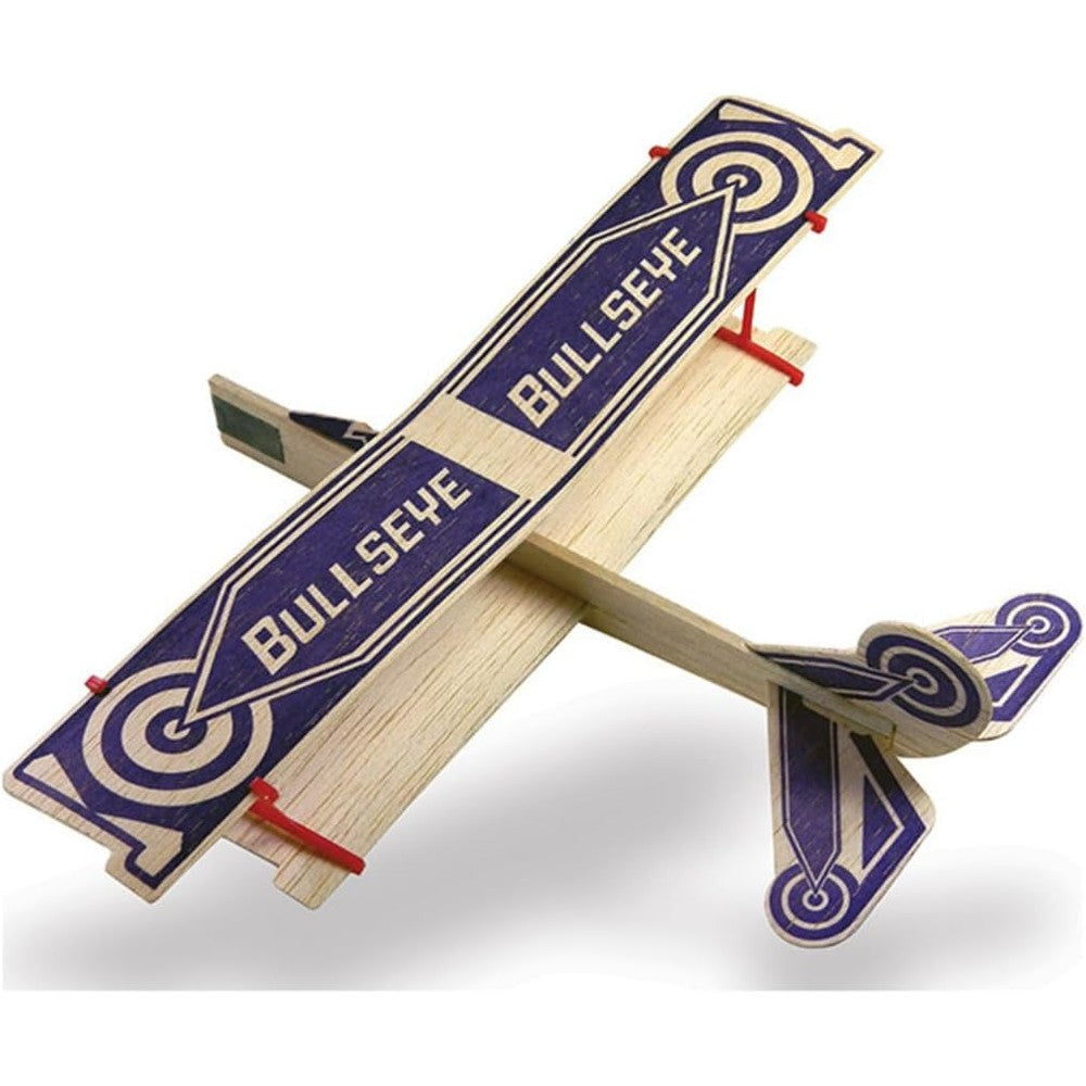 Guillow's Bullseye Biplane balsa wood glider front view showing purple superhero graphics