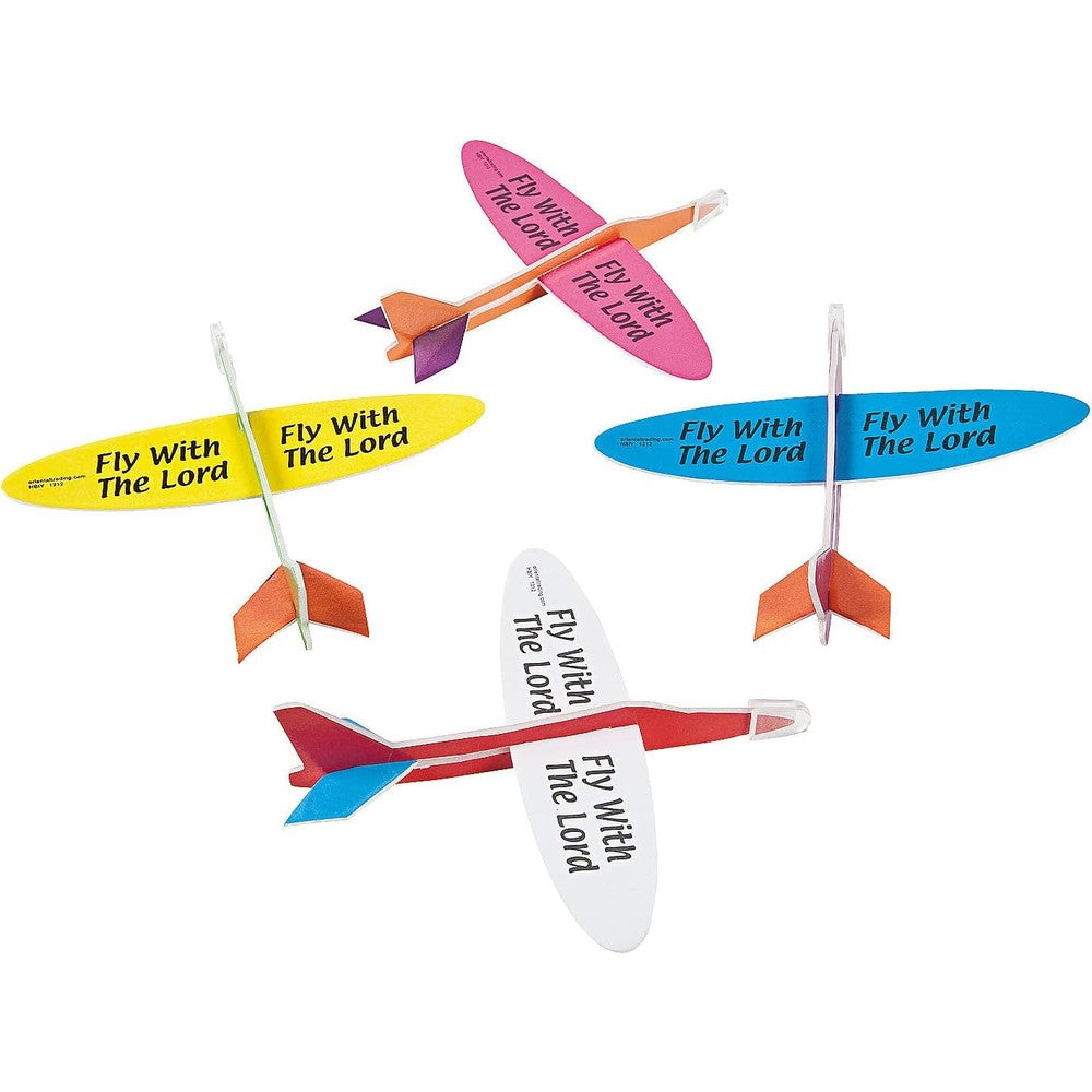 Fun Express Religious Foam Gliders pack front view showing assorted colors of faith based toy planes.