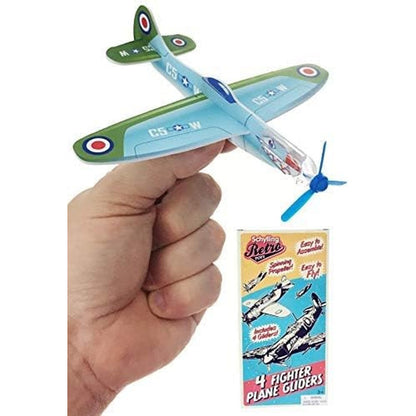 Schylling Retro Gliders four pack showing packaged vintage foam toy planes with front propellers.