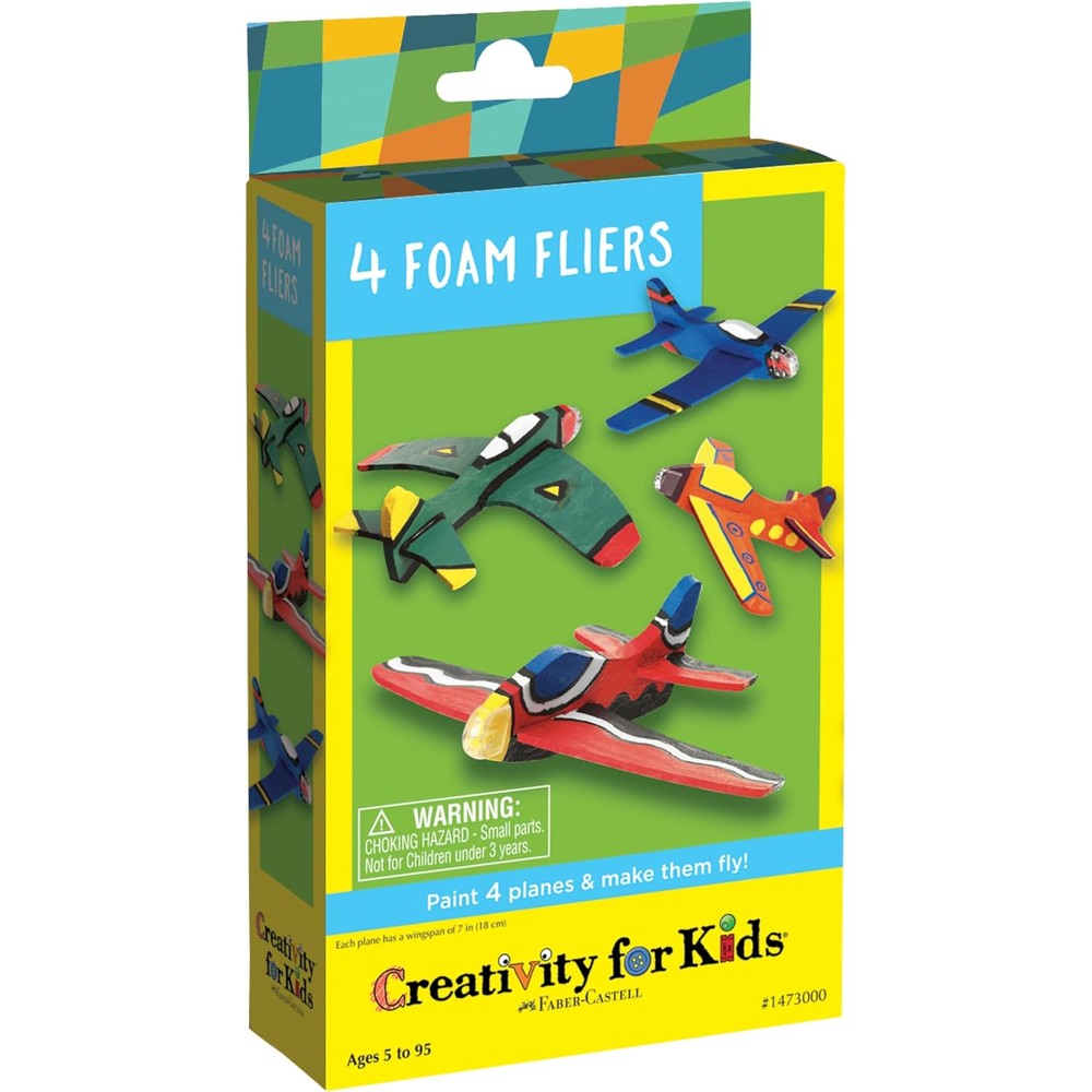 Creativity for Kids Four Foam Fliers Mini Craft Kit packaging displaying painted toy airplanes