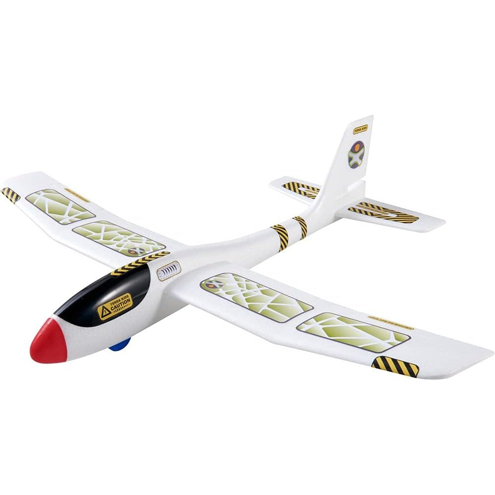 HABA Terra Kids Maxi Hand Glider front view of the white foam airplane toy with red nose cone