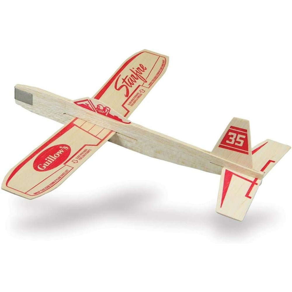 Guillow Starfire balsa wood glider plane front view showing authentic red branding and tail markings