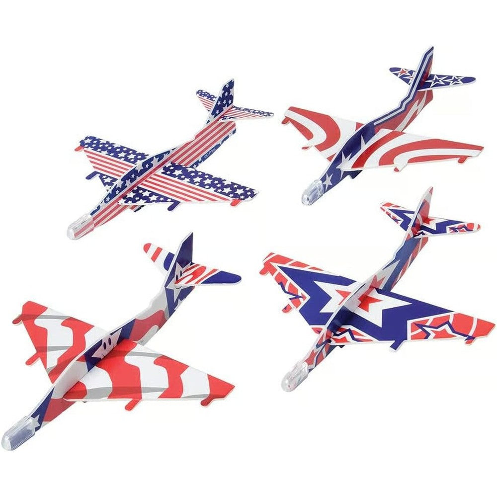 U.S. Toy Patriotic Gliders front view showing assembled red white and blue foam toy airplanes.