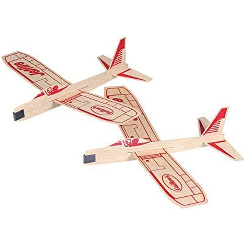 Guillow's Jetfire Balsa Glider Twin Pack front view showing two printed wooden toy airplanes