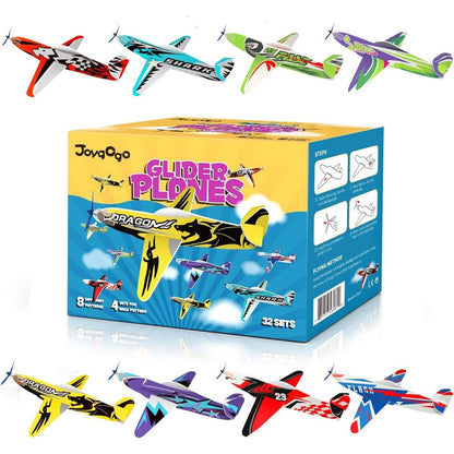 Joygogo Flying Glider Planes 32 Pack front view showcasing premium packaging box filled with colorful foam toy airplanes.