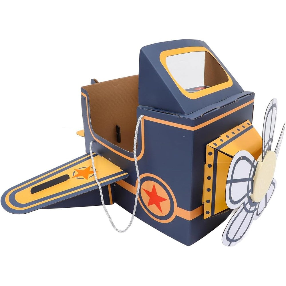 Safigle children wearable cardboard plane front view showing blue aircraft costume