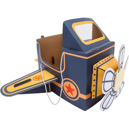 Safigle children wearable cardboard plane front view showing blue aircraft costume