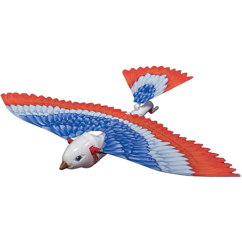 TEDCO Toys Classic Tim Flying Bird Ornithopter mechanical toy front view featuring red white and blue wings