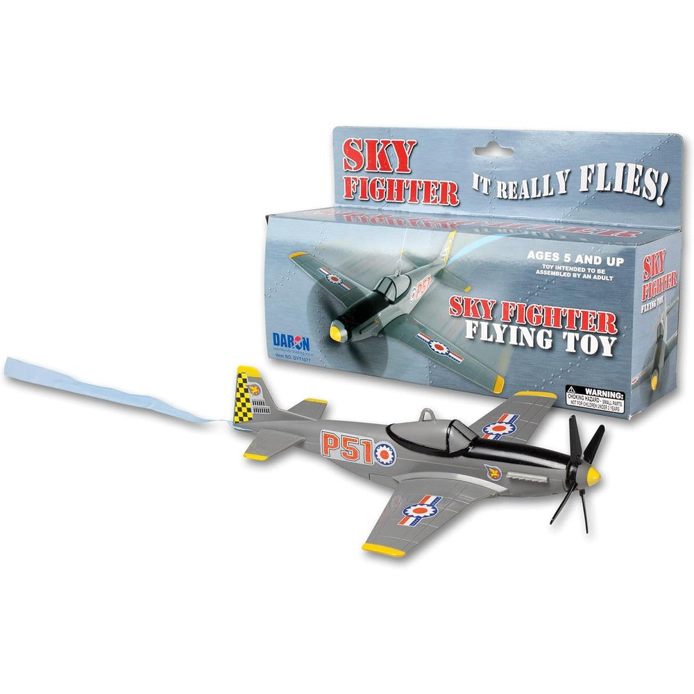 Daron Sky Fighter Flying Toy on a String front view of grey motorized airplane model.