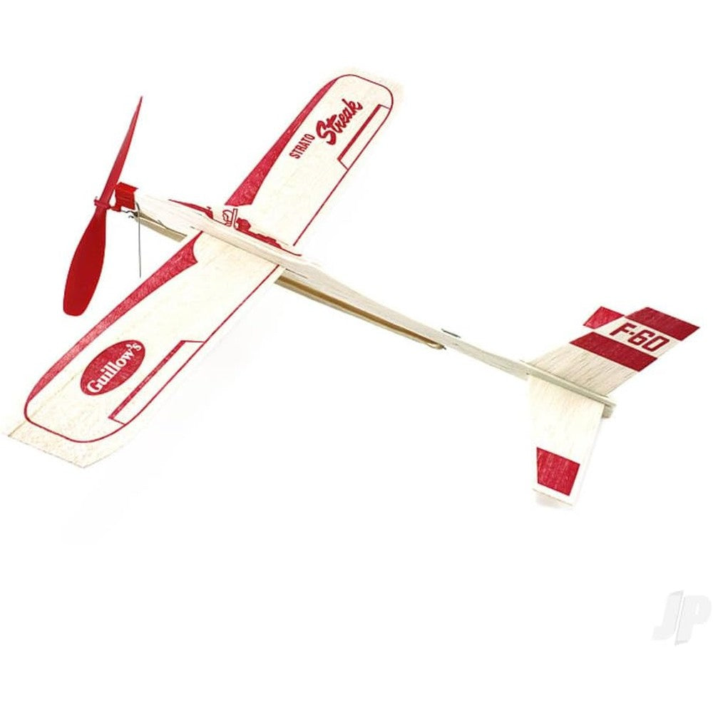Guillow Paul K INC 60 Balsa Airplane Strato Streak front view packaging showing the classic rubber band powered glider kit.