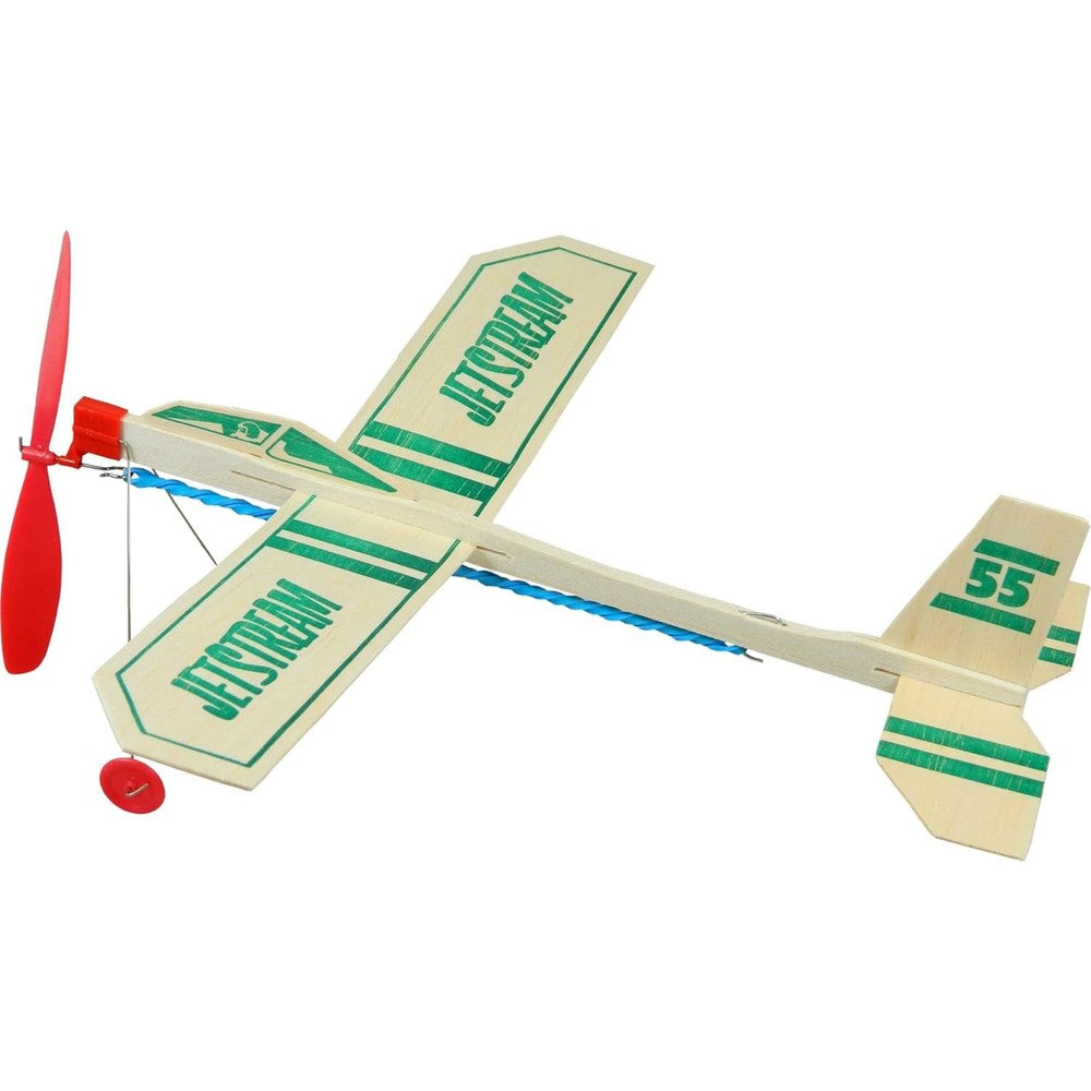 Guillow Paul K 55 Jetstream balsa wood glider plane package front view showing pre printed wings and rubber band motor layout.