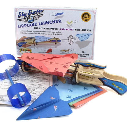 Pathfinders Sky Surfer Paper Airplane Launcher STEM kit front view showcasing the assembled wooden catapult mechanism.