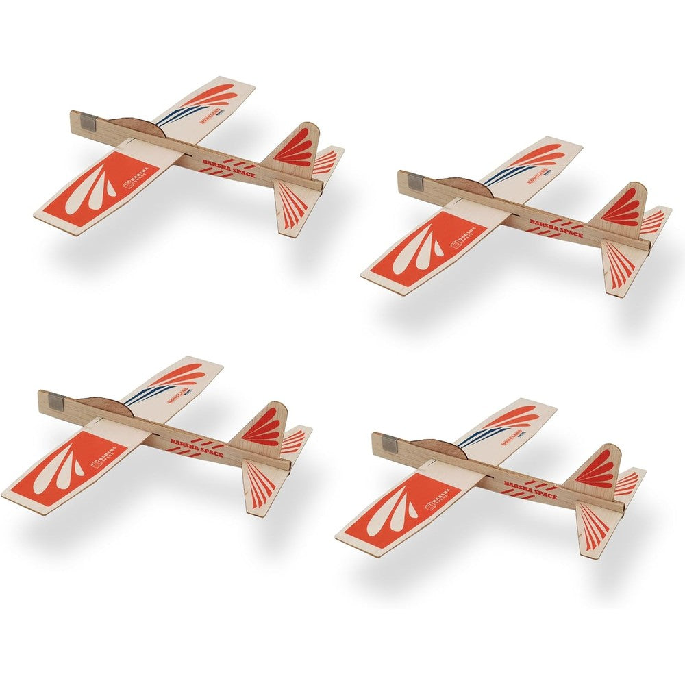 Barsha Space balsa wood airplane glider kits front view showing red and white wings with propeller