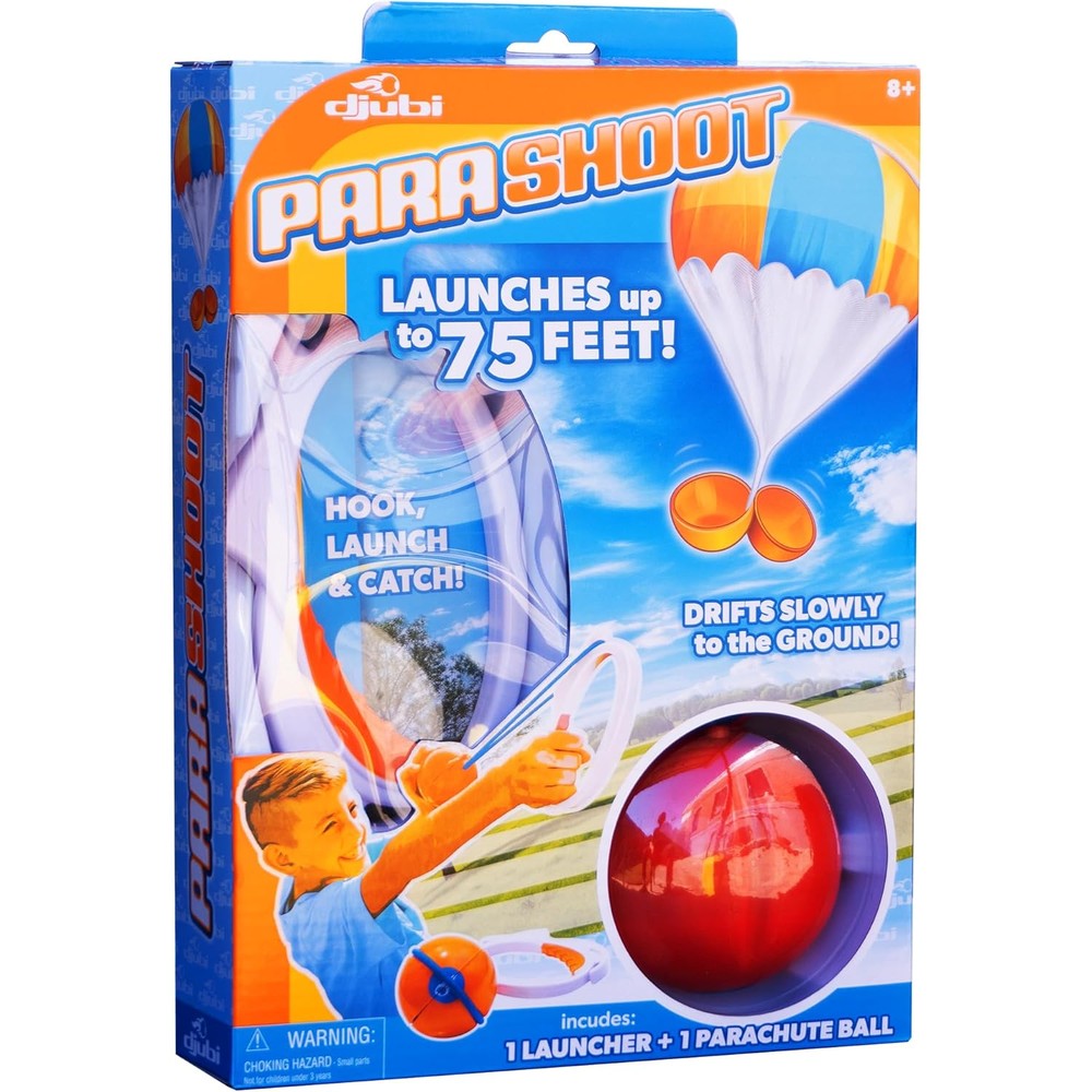 Djubi ParaShoot Outdoor Parachute Ball Set front packaging view showing launcher and orange ball.