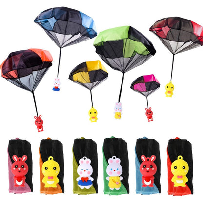 VOMAOK 6 Pack Easter Parachute Toy front view showing multi-colored nylon canopies and cute character figures.