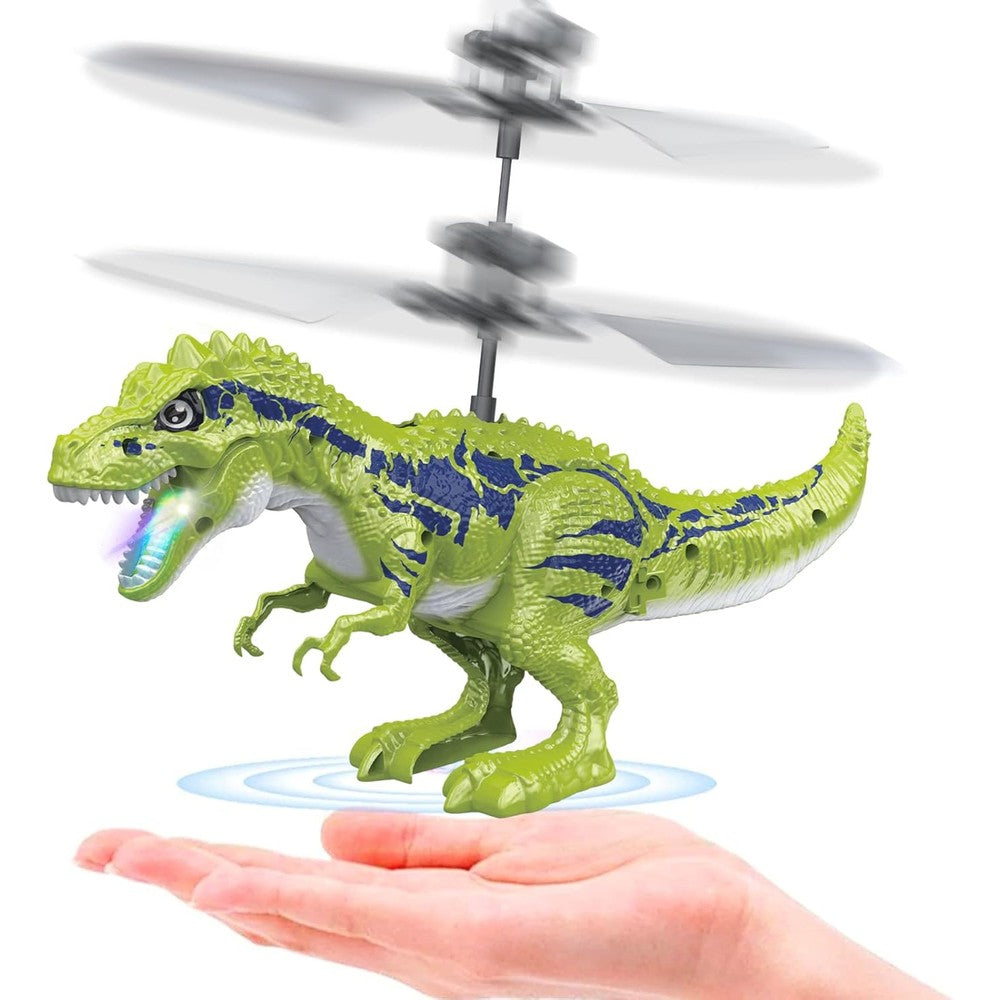 KPPIT flying dinosaur drone toy front view showing green character design and induction sensors.