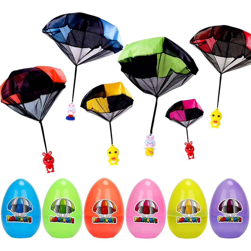 BEIGUO 6 Pack Easter Egg with Parachute Toy front view of six colorful prefilled plastic eggs on a clean background.