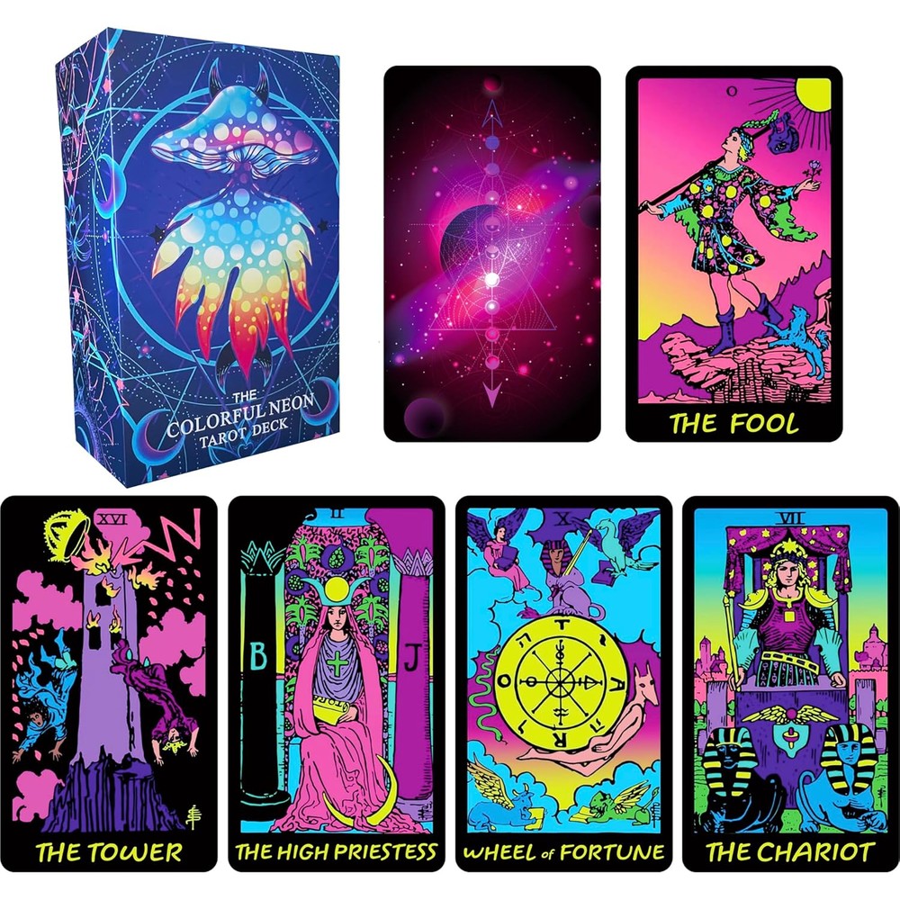 Jrskvaro colorful neon tarot cards deck front box view
