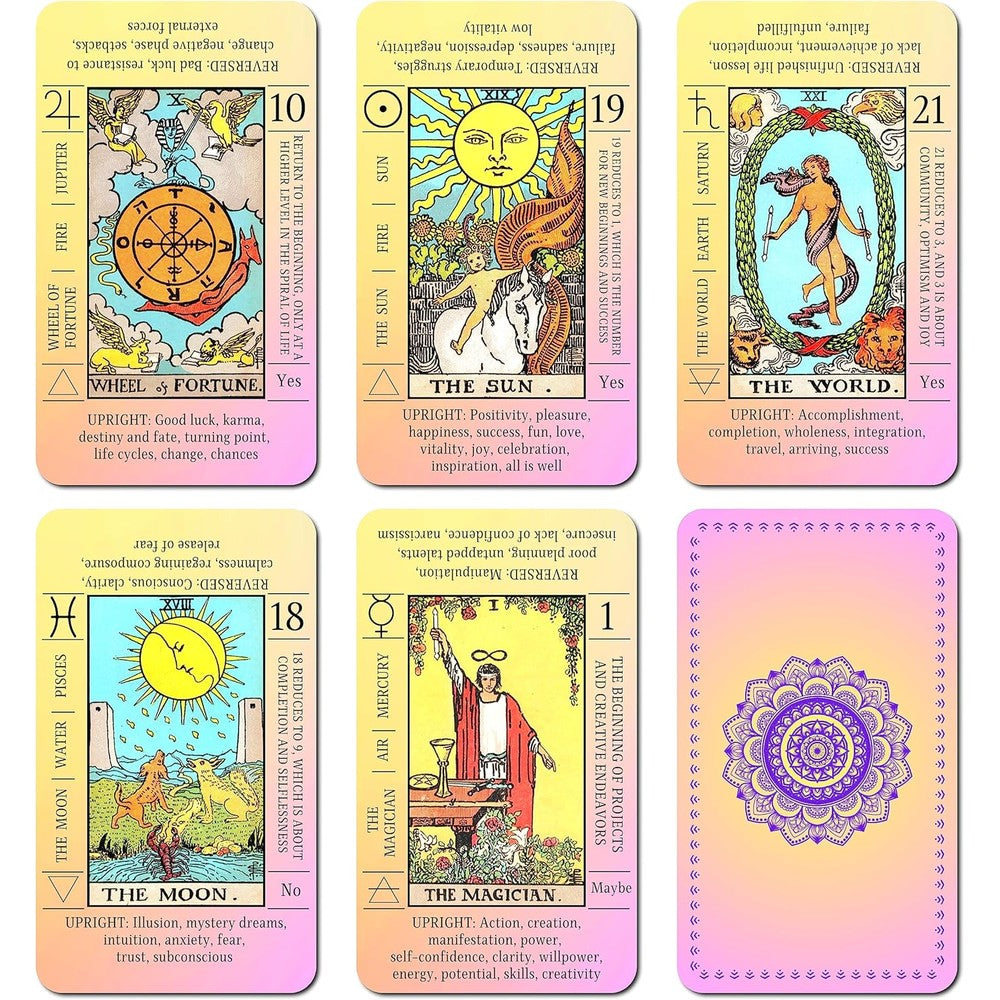 Juju's Vibes Learning Tarot Cards front view with sunset design