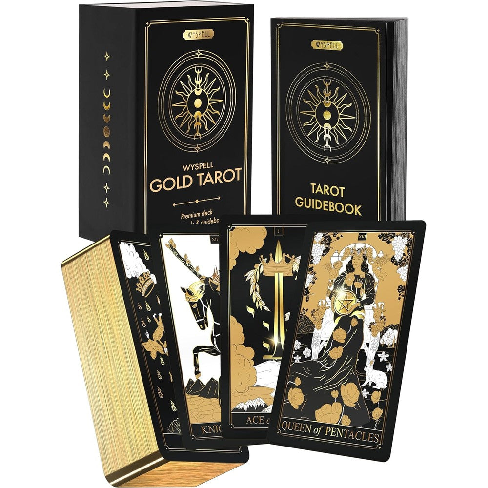 Wyspell gold tarot cards with guidebook front view