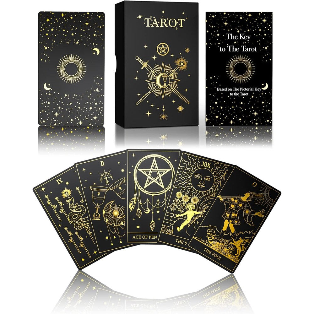 WJPC gold foil tarot cards deck front view showing luxury design