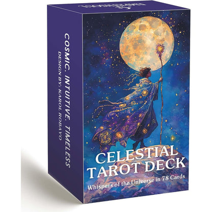 DPEHAKMK Celestial Tarot Deck front view showing the cosmic packaging box.