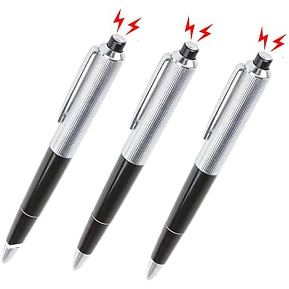 Cooplay electric shock pen prank toy three count package front view showing silver and black design.