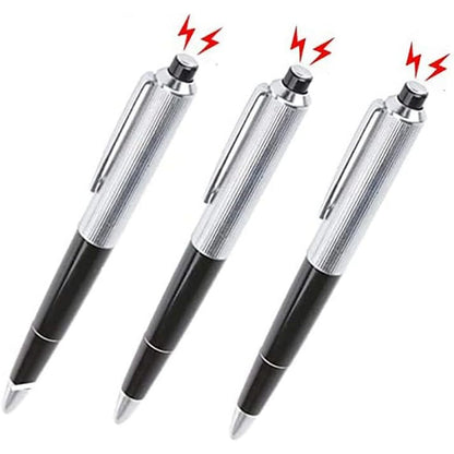 Cooplay electric shock pen prank toy three count package front view showing silver and black design.