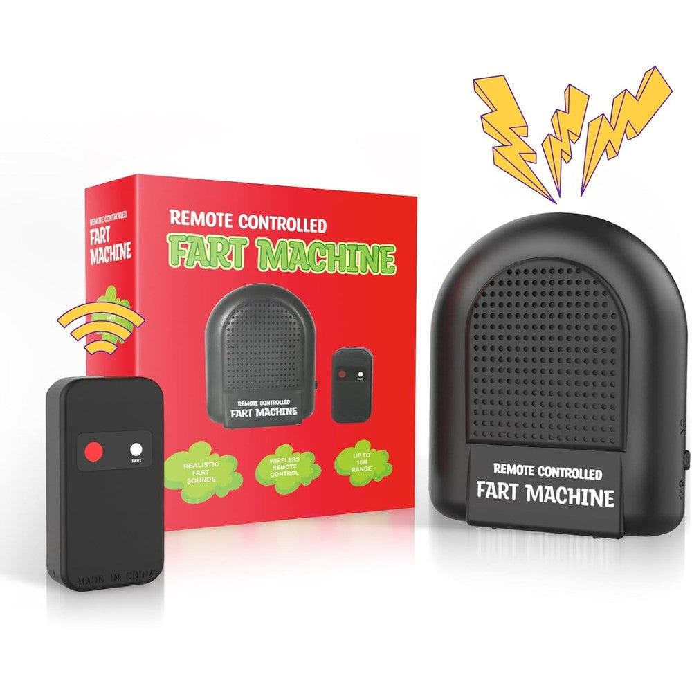 Pajojoqa remote control fart machine front view showing compact electronic sound box and pocket size wireless transmitter remote