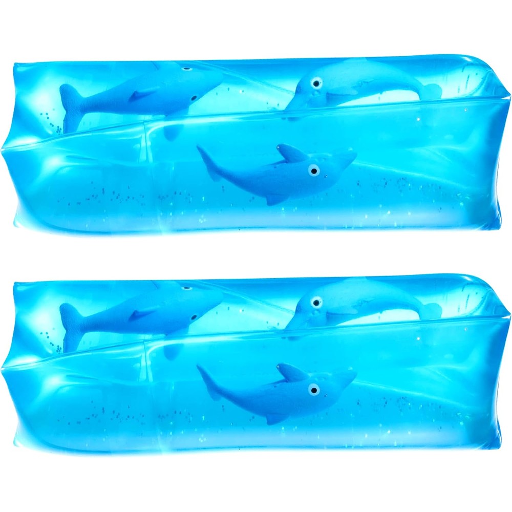 Bedwina Dolphin Water Wiggler Toy front view showing two blue water tubes with floating dolphins and glitter