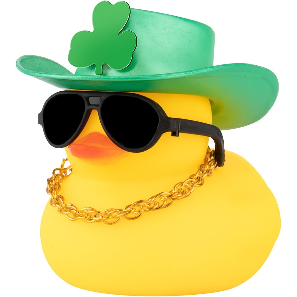 Wonuu St. Patricks Day Rubber Duck Car Dashboard Decoration front view showing green cowboy hat and sunglasses