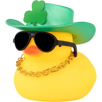 Wonuu St. Patricks Day Rubber Duck Car Dashboard Decoration front view showing green cowboy hat and sunglasses