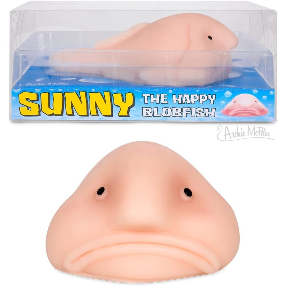 Archie McPhee Accoutrements Sunny The Blobfish novelty squishy toy front view highlighting its iconic sad frown expression.