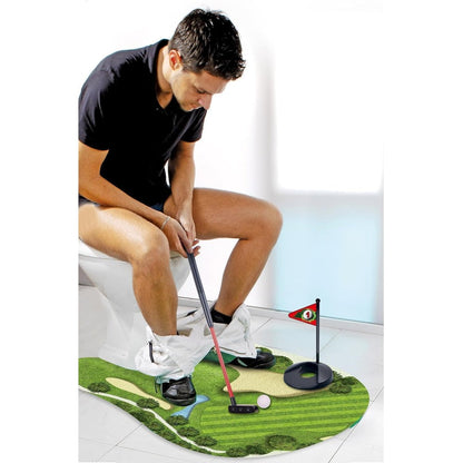 Goodlysports Toilet Golf Game front view showing green felt mat around a toilet base with putter and golf balls.