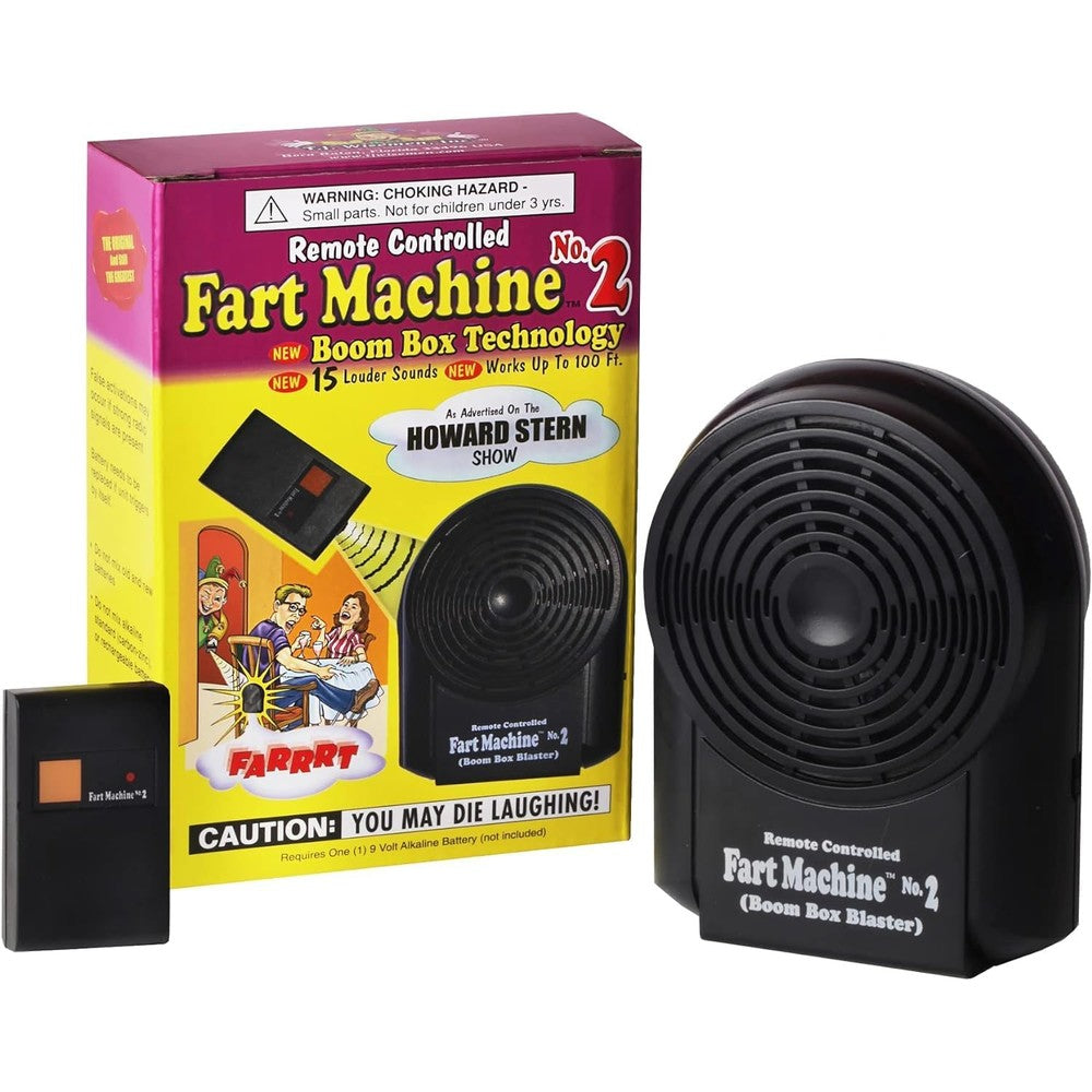 T.J. Wisemen Remote Controlled Fart Machine Number 2 yellow base unit and miniature wireless remote control front view