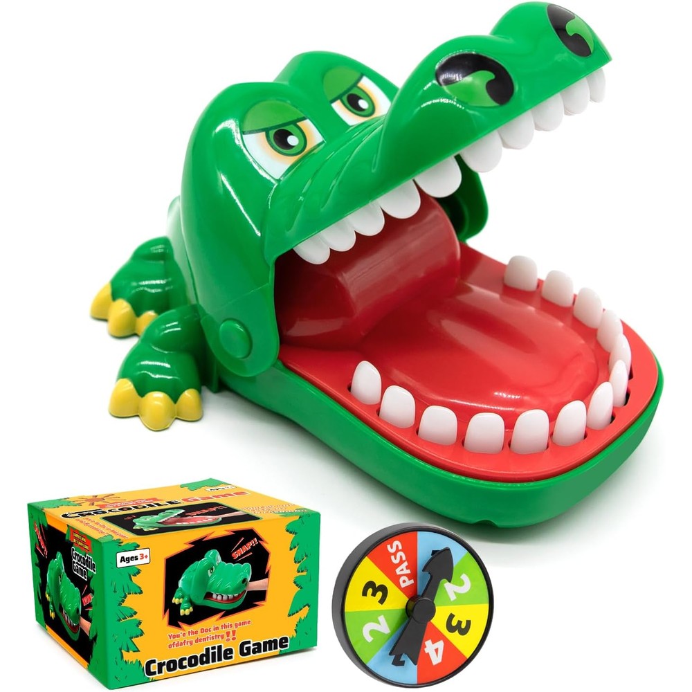 ALS AILISUO Upgraded Crocodile Teeth Dentist Game front view of green alligator toy with mouth open.