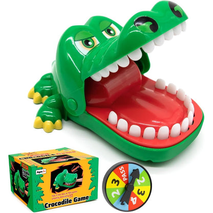 ALS AILISUO Upgraded Crocodile Teeth Dentist Game front view of green alligator toy with mouth open.