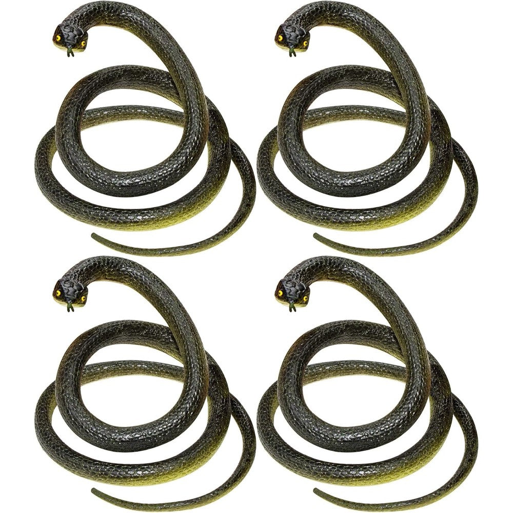 Vynorix fake snake soft rubber toy pack front view showing four realistic black snakes
