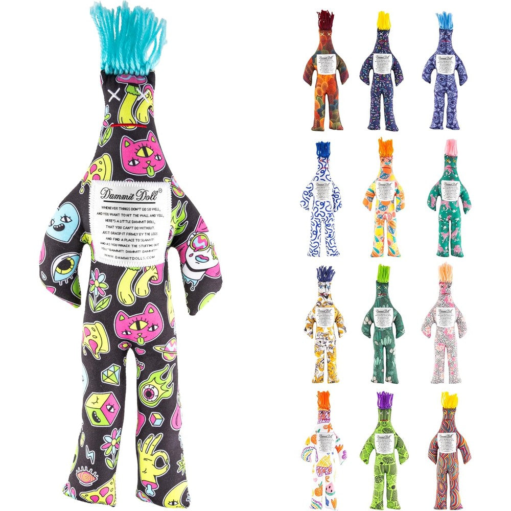Dammit Doll funny stress relief gag gift front view showing unique random pattern and yarn hair.