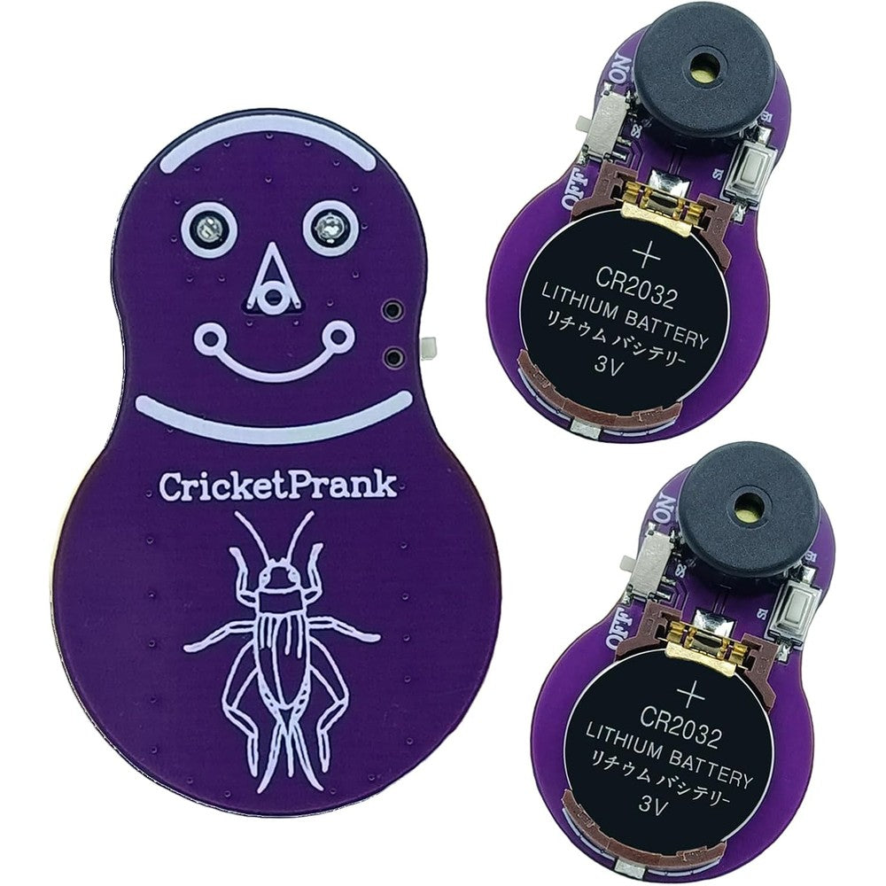 CricketPrank cricket noise maker prank front view showing the purple miniature electronic circuit board device
