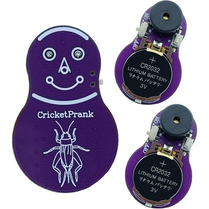CricketPrank cricket noise maker prank front view showing the purple miniature electronic circuit board device