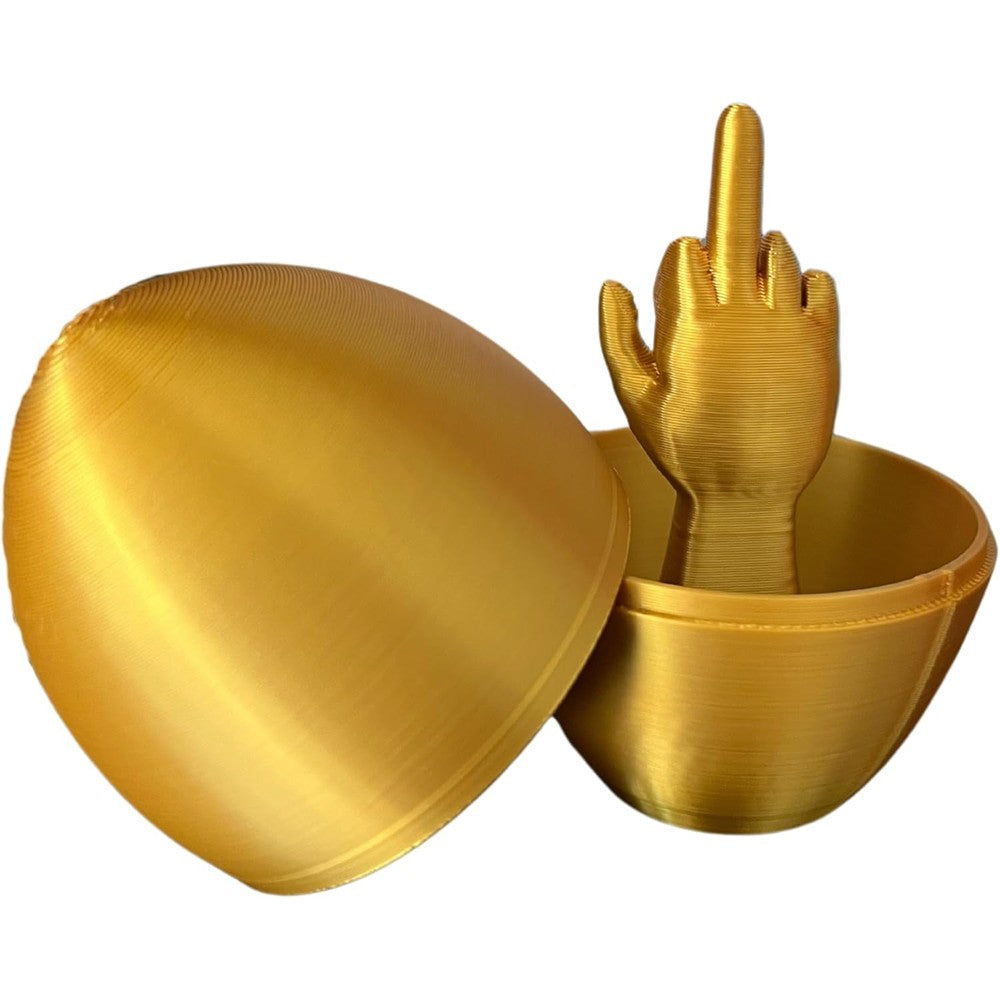 Innovative 3D Printing Middle Finger Easter Egg front view in shiny gold finish