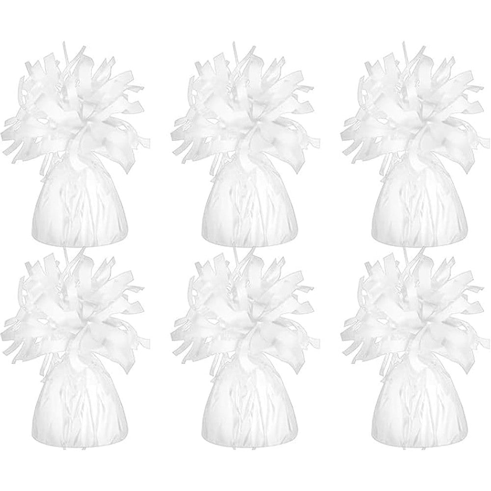 Chochkees white metallic balloon weights six pack front view showcasing the shiny foil wrapping and decorative curling ribbons.