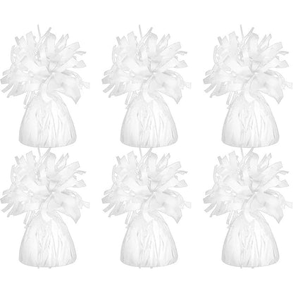 Chochkees white metallic balloon weights six pack front view showcasing the shiny foil wrapping and decorative curling ribbons.